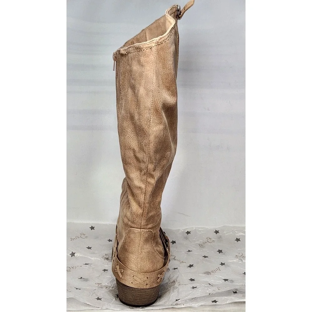 Very G Merlot Boots Women Size 8 Cream Distressed Slouchy Knee High Harness Zip